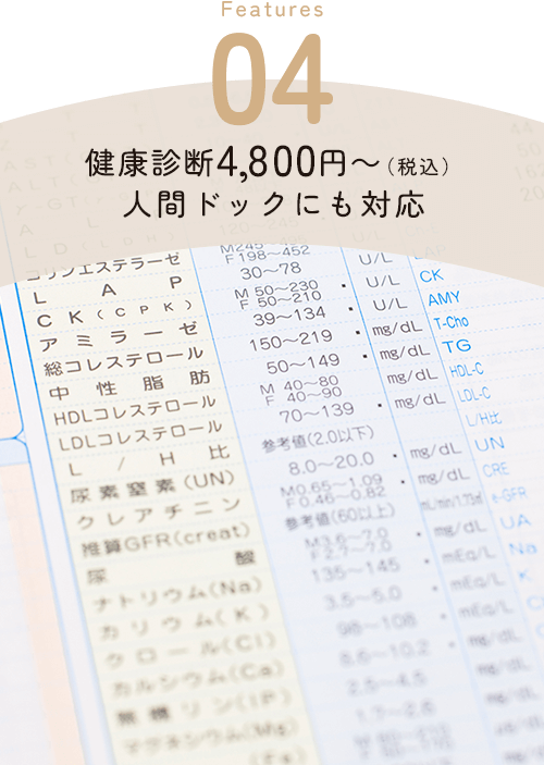 Features04 健康診断4,800円～（税込）人間ドックにも対応